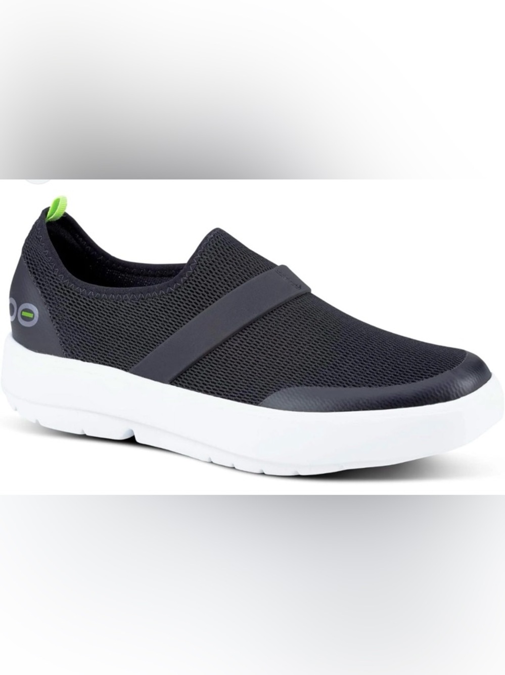 OOFOS Women's Black Slip-On Sneaker with White Sole and Lime Pull Tab